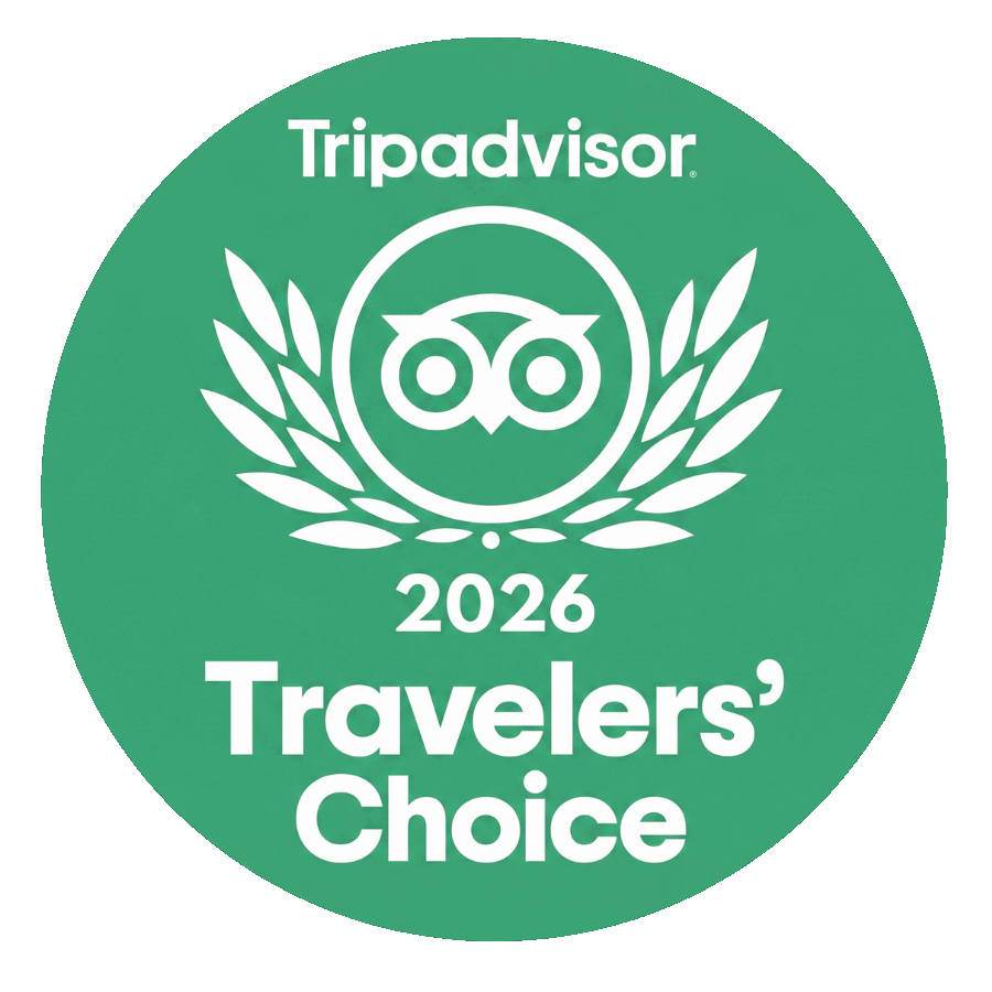 Green circle badge labeled 'Tripadvisor 2026 Travelers' Choice' with owl logo.