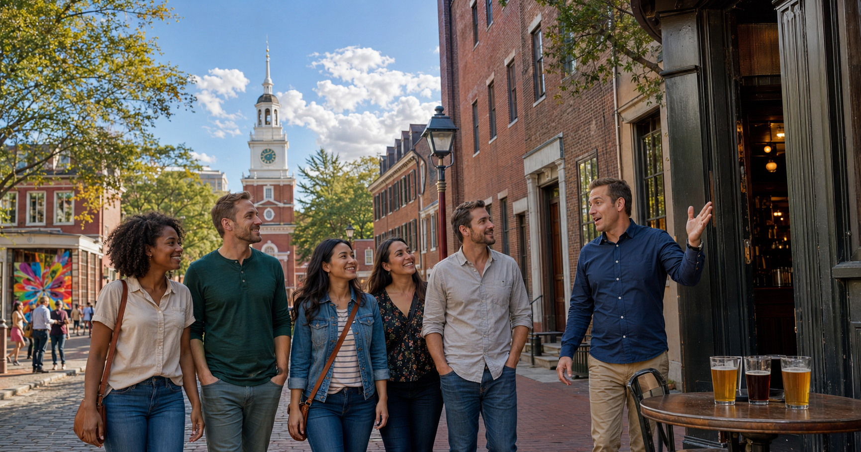 Adult travelers joining a guided pub crawl near Independence Hall in Old City Philadelphia