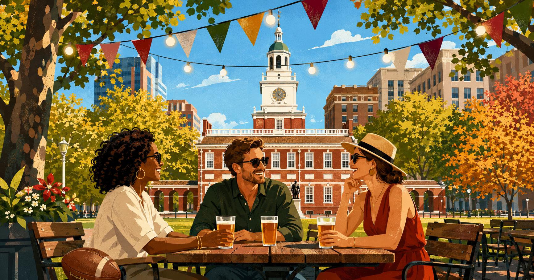 Adult travelers enjoying drinks near Independence Hall in Philadelphia during early fall