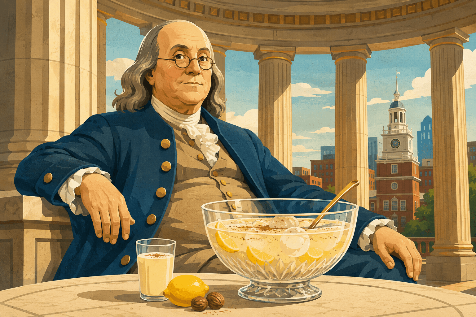 Editorial illustration of Benjamin Franklin beside a punch bowl and pint glass with the Philadelphia skyline behind him.