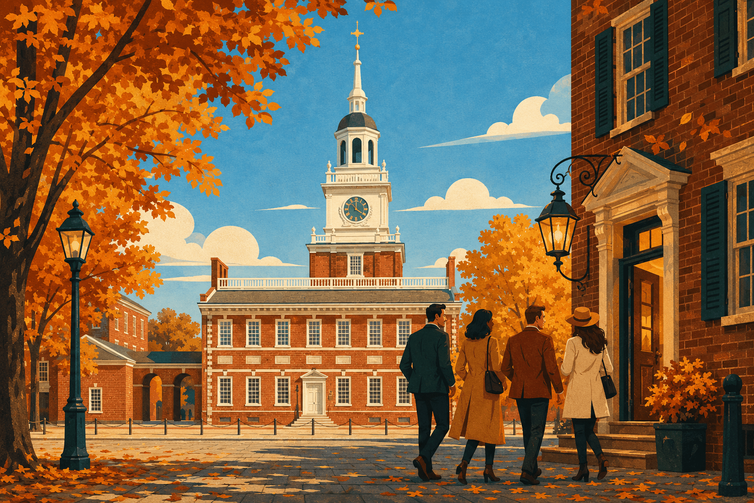 Illustrated autumn view of Independence Hall with colorful leaves and adult travelers heading toward an Old City tavern.