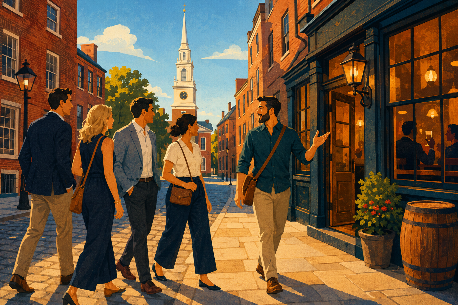 Illustrated adult travelers following a guide through Old City Philadelphia toward a warmly lit historic tavern.