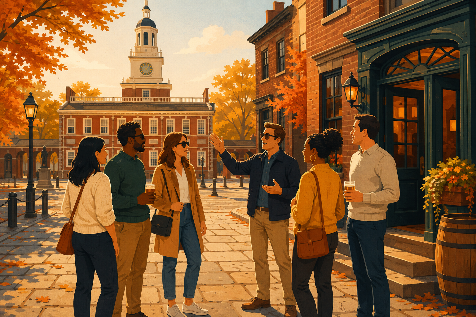 Adult coworkers enjoying a fall corporate outing near Independence Hall and an Old City tavern in Philadelphia