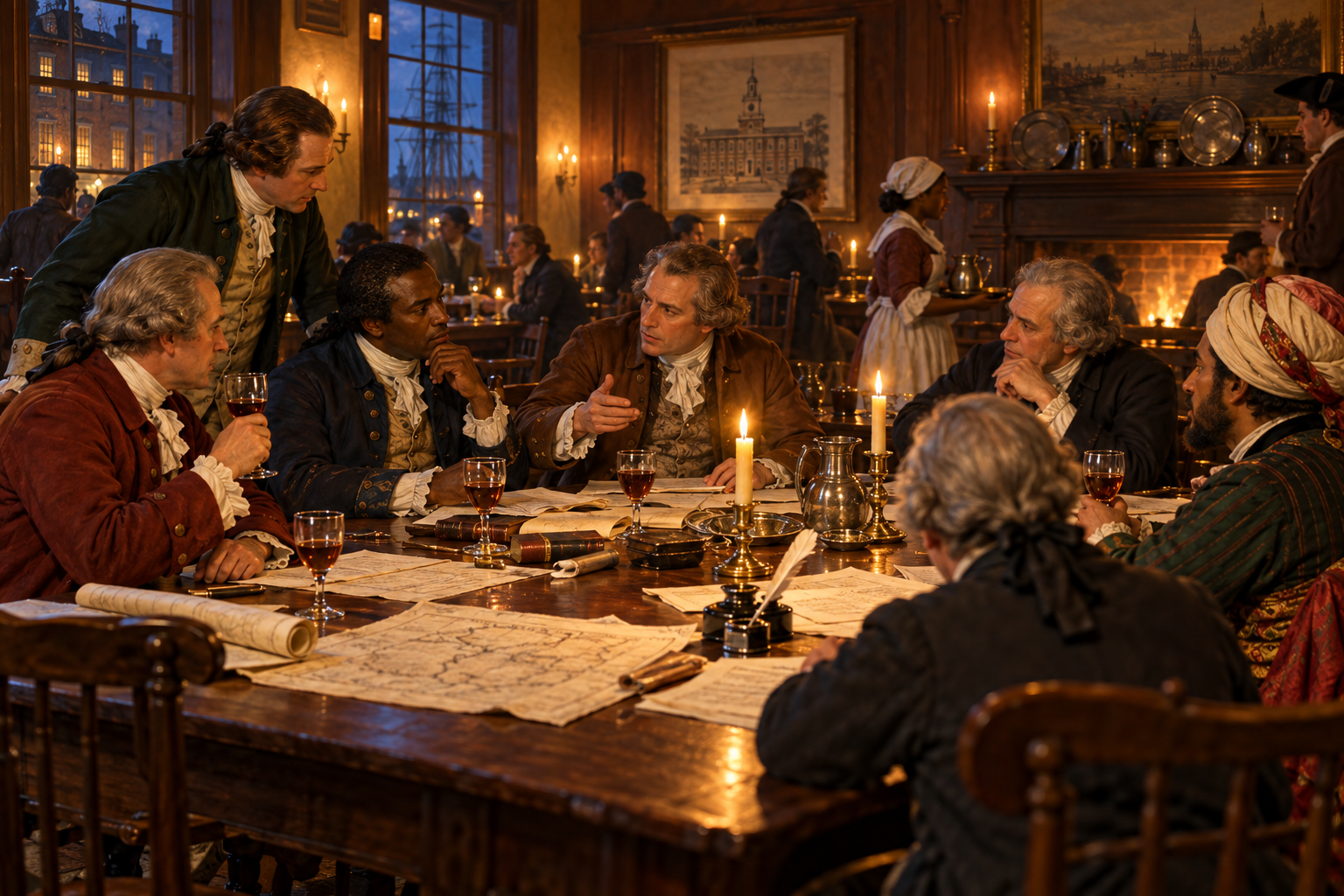 Delegates and merchants gather around a candlelit table in an eighteenth-century Philadelphia tavern, with papers, quills and Madeira glasses.