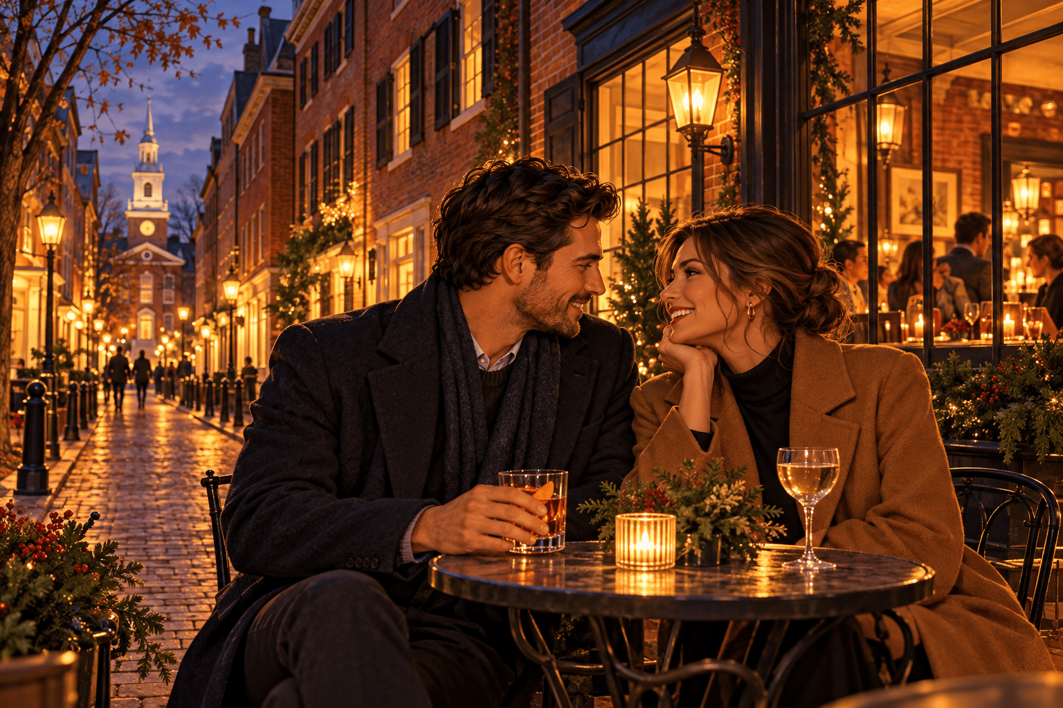 A couple shares a drink at a small outdoor table on a warmly lit Old City Philadelphia street in November.