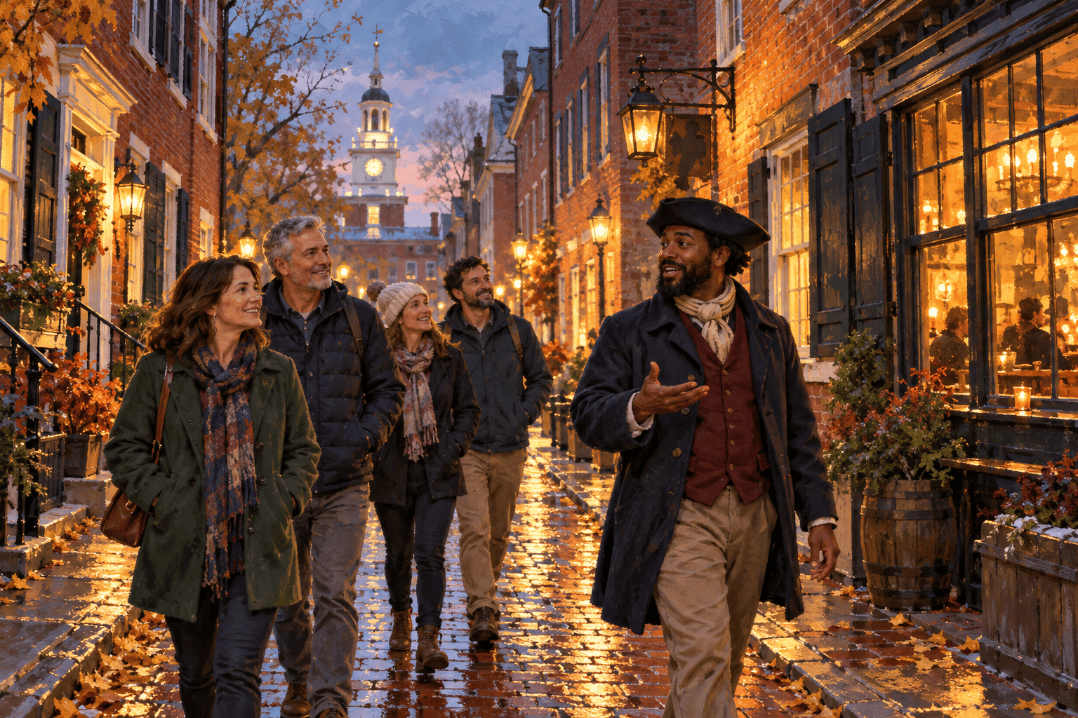A local guide leads adult visitors along a short brick street in Old City Philadelphia on a cool November evening.