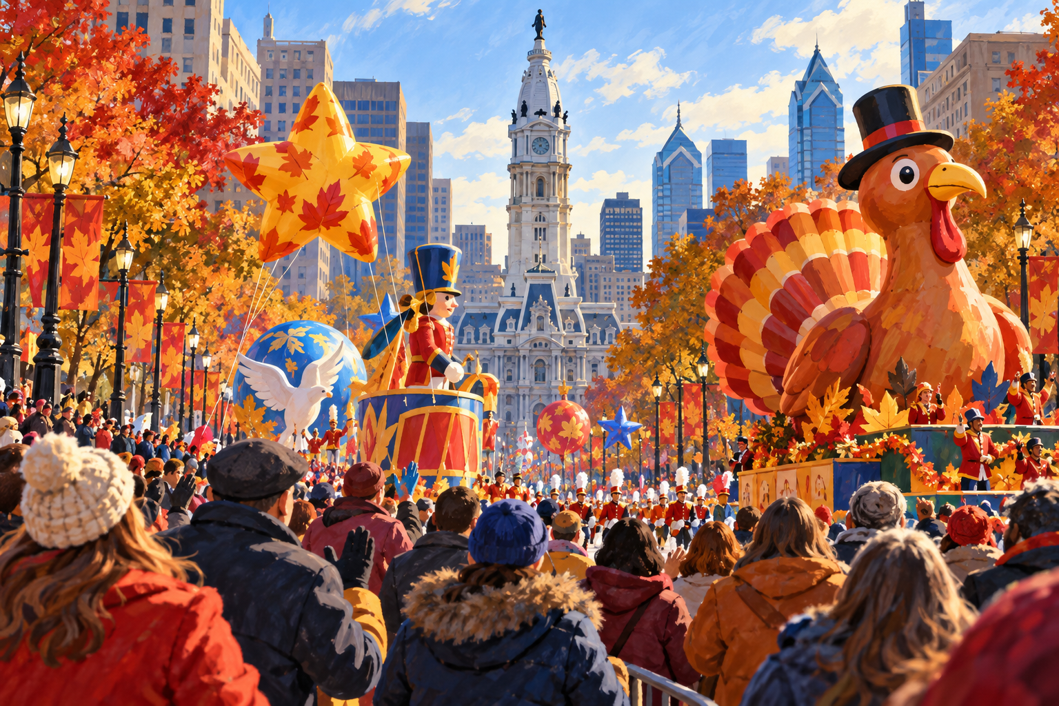 Bundled spectators watch a Thanksgiving parade with colorful floats on the Benjamin Franklin Parkway, with Philadelphia City Hall in the background.